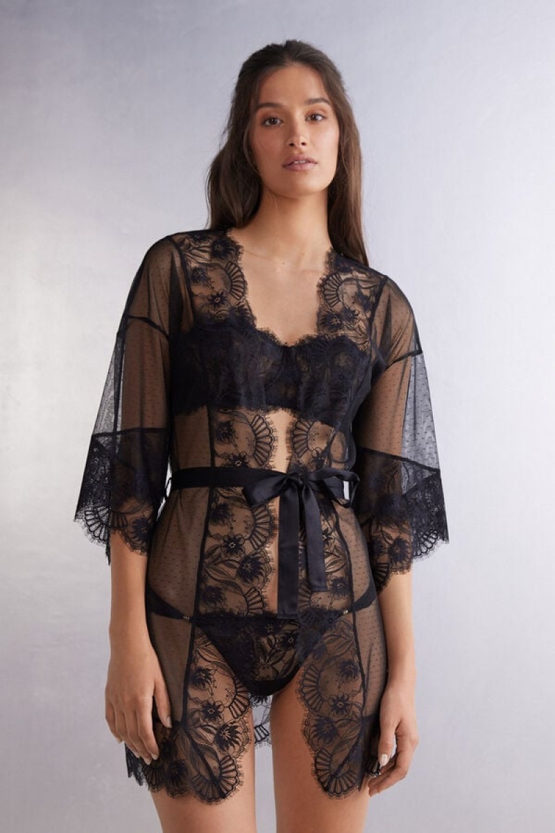 Intimissimi Sensual Flowers Dotted Mesh Tulle And Lace Robe Crne | SN-ITMSM58429