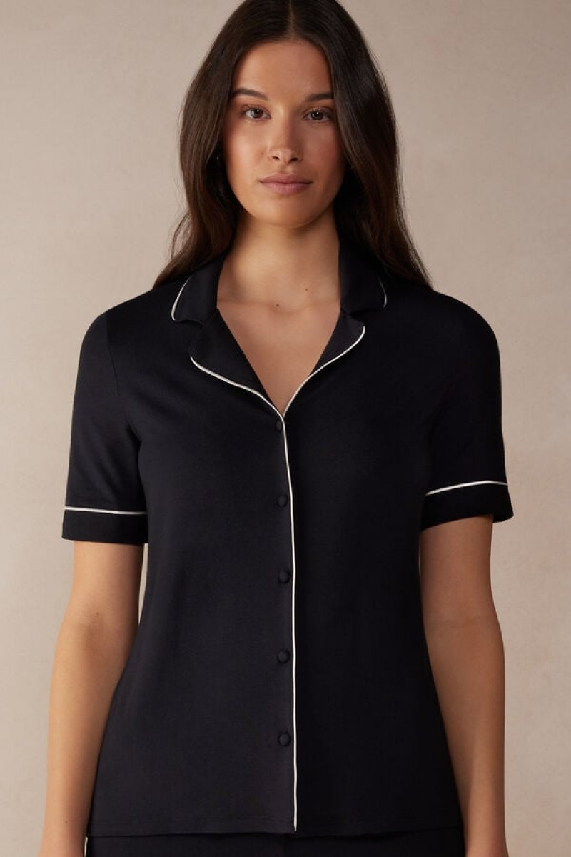 Intimissimi Short Sleeve Button Up Shirt In Modal Crne | SN-ITMSM58347