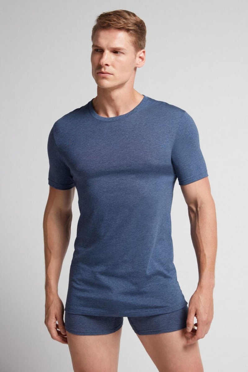 Intimissimi Short Sleeve Crew Neck T Shirt In Supima® Cotton Plave | SN-ITMSM58600