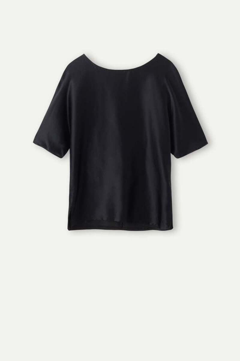 Intimissimi Short Sleeve Silk And Modal Top Crne | SN-ITMSM58047