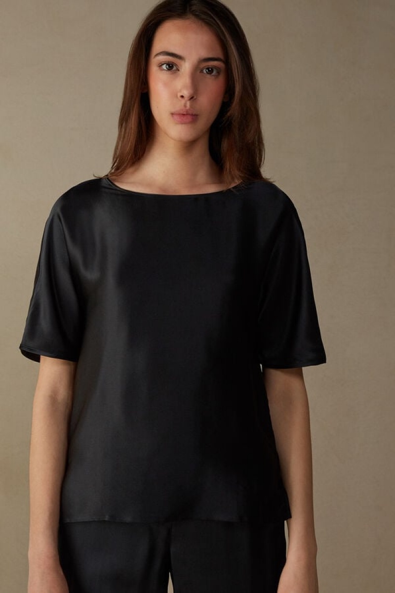 Intimissimi Short Sleeve Silk And Modal Top Crne | SN-ITMSM58047