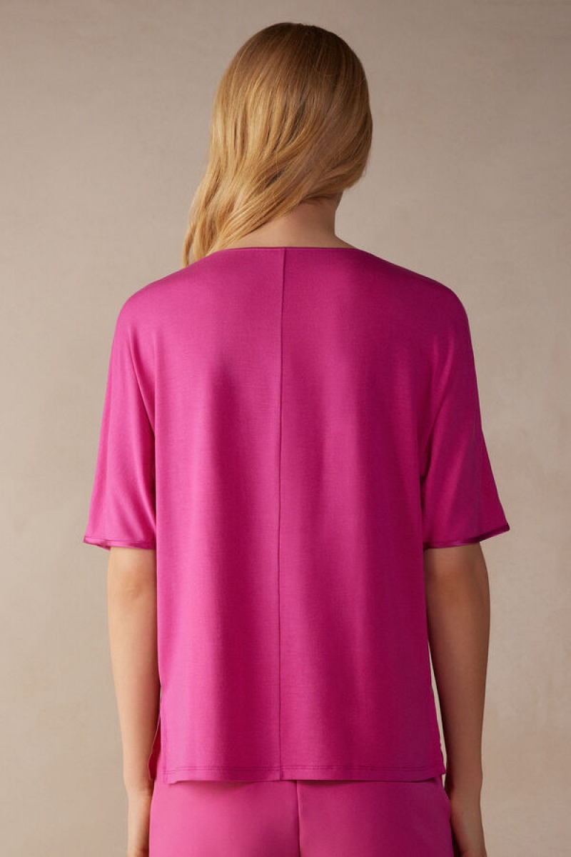 Intimissimi Short Sleeve Silk And Modal Top Roze | SN-ITMSM58049