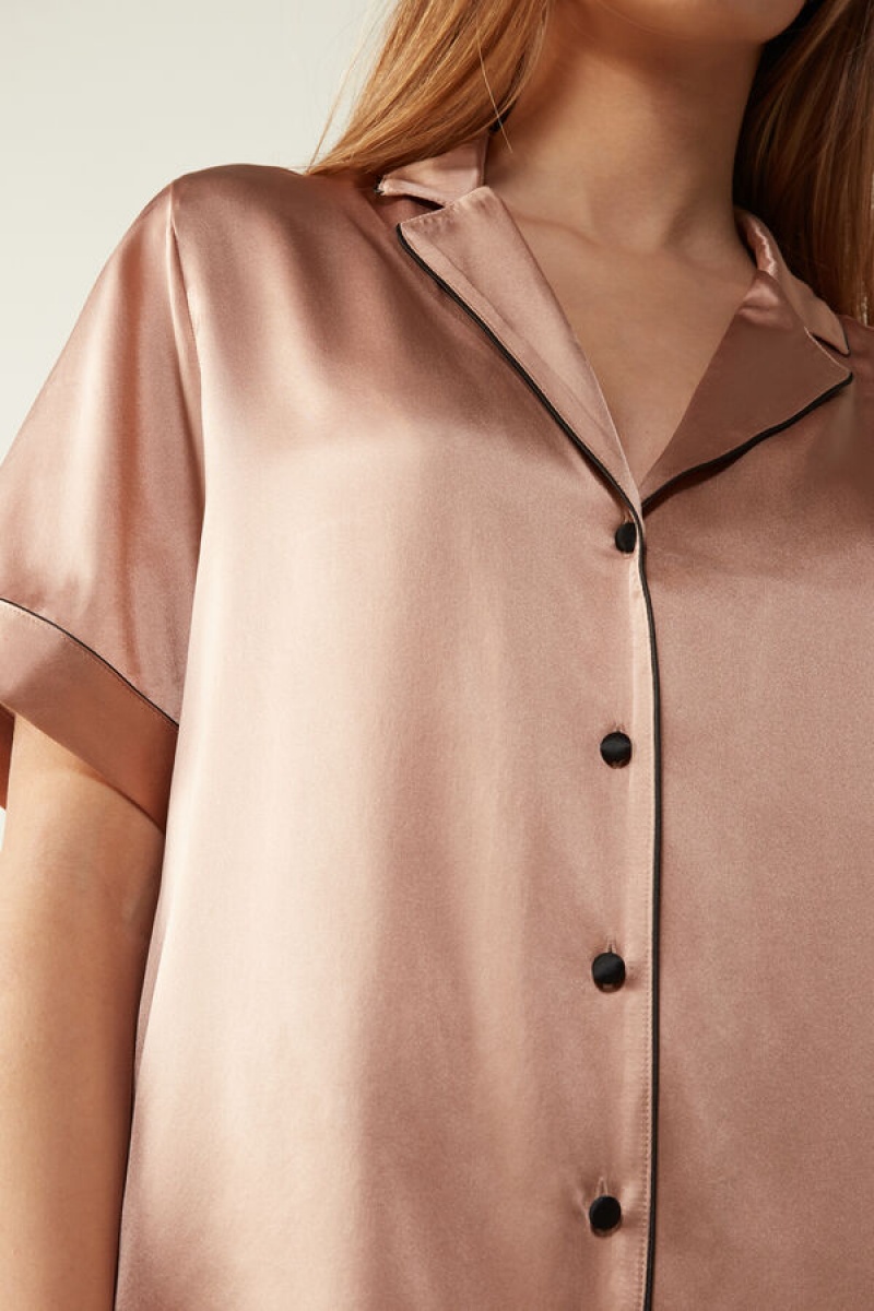 Intimissimi Short Sleeve Silk Shirt With Contrast Trim Bež | SN-ITMSM58322