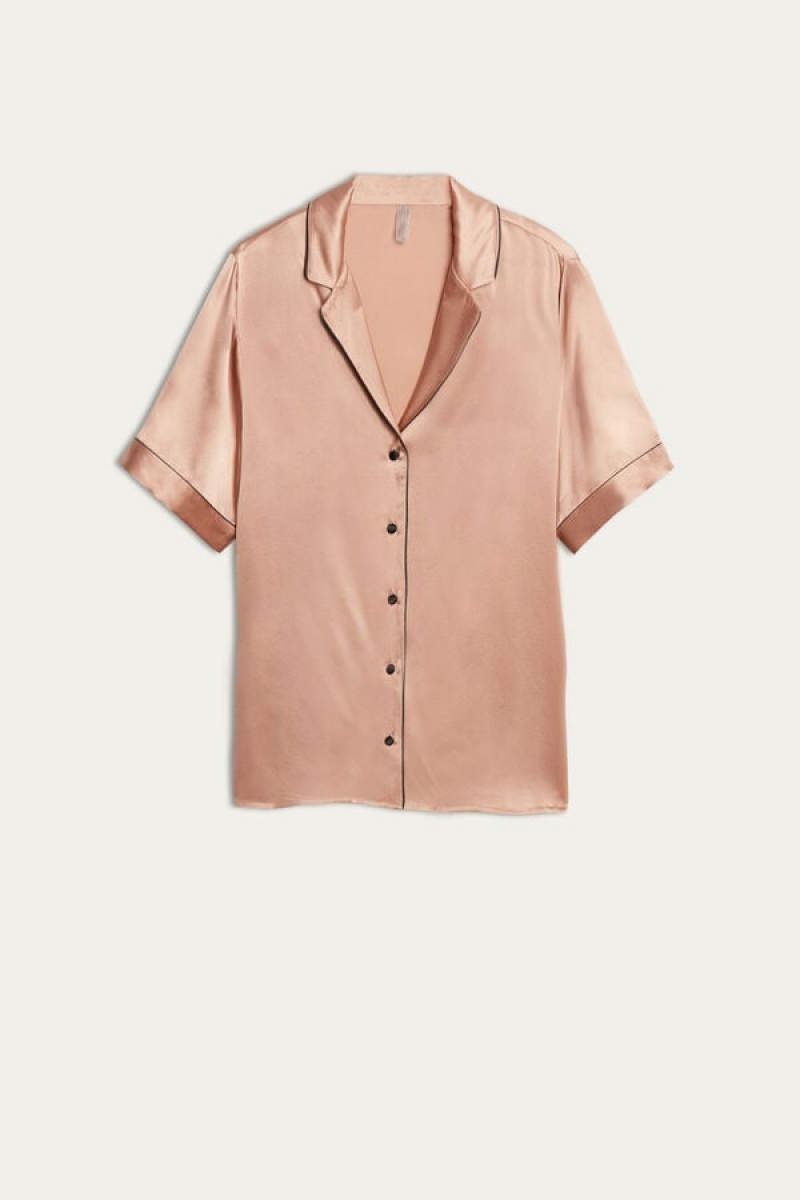 Intimissimi Short Sleeve Silk Shirt With Contrast Trim Bež | SN-ITMSM58322