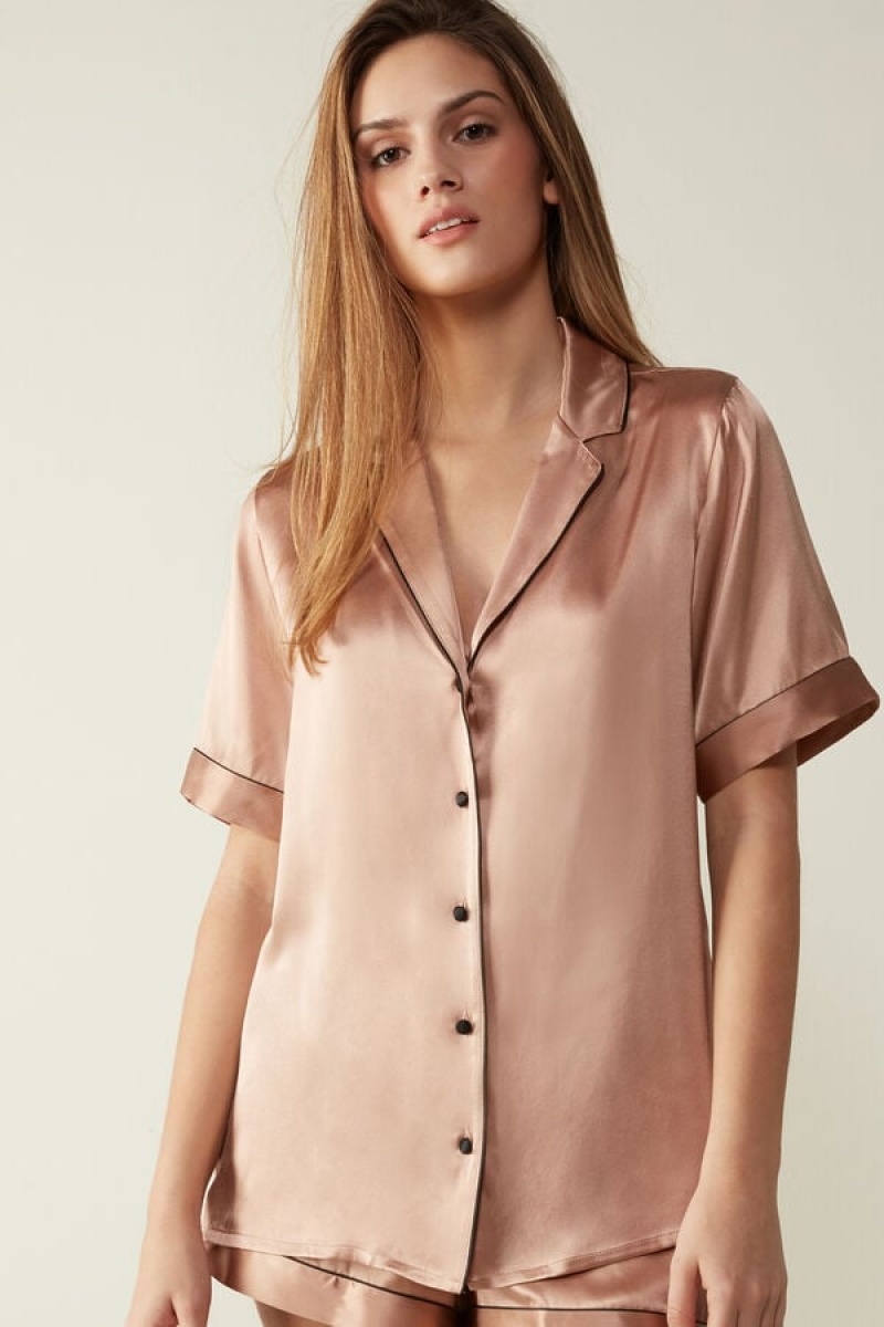 Intimissimi Short Sleeve Silk Shirt With Contrast Trim Bež | SN-ITMSM58322