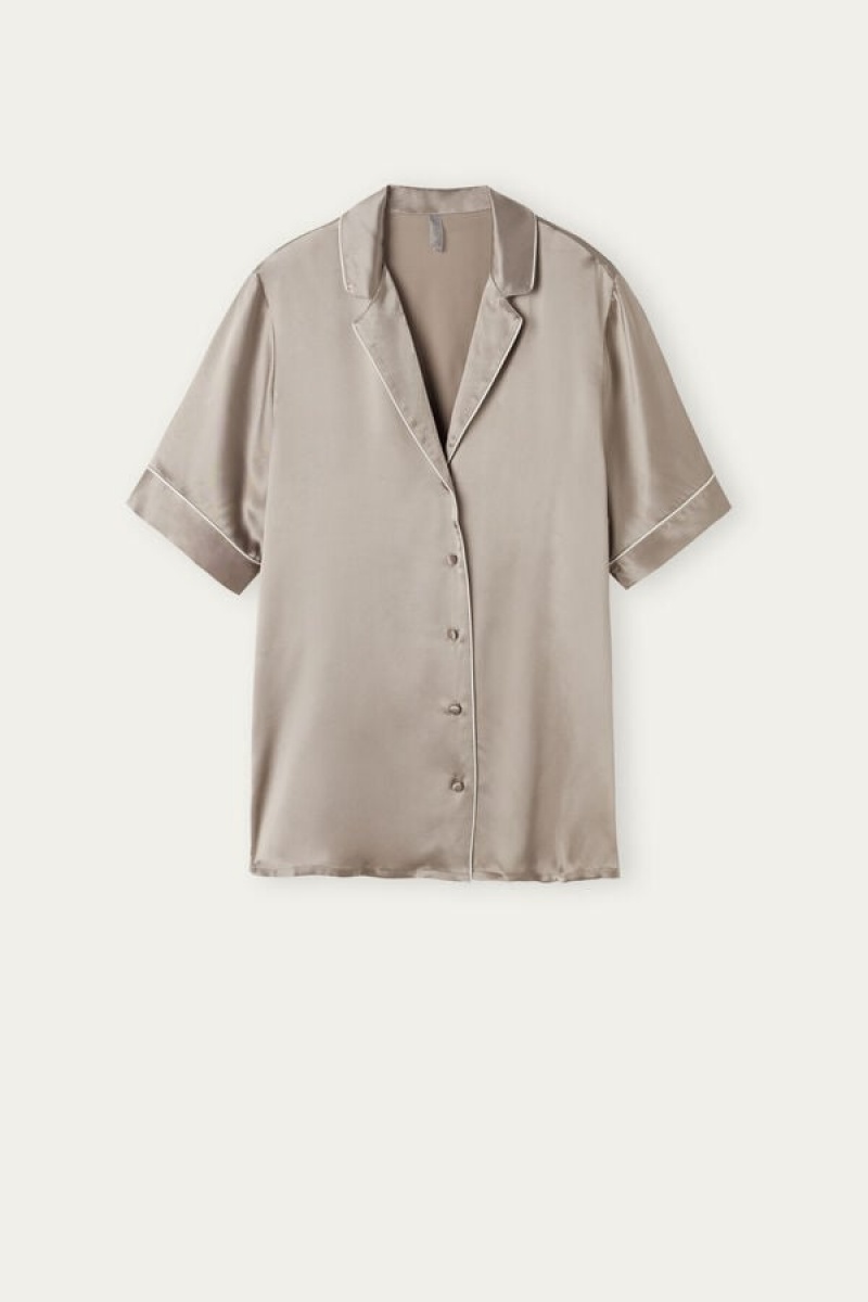 Intimissimi Short Sleeve Silk Shirt With Contrast Trim Bež | SN-ITMSM58328