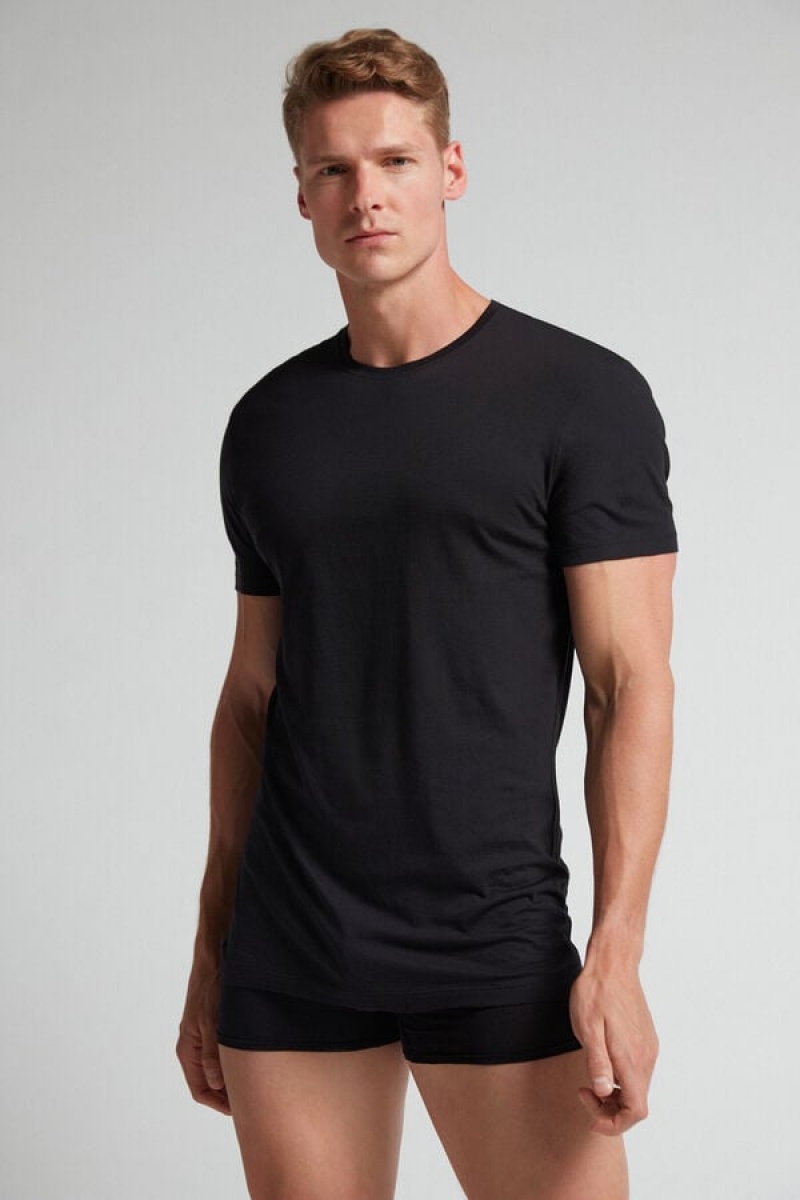 Intimissimi Short-sleeve Crew-neck T-shirt In Extra-fine Supima® Cotton Crne | SN-ITMSM58733