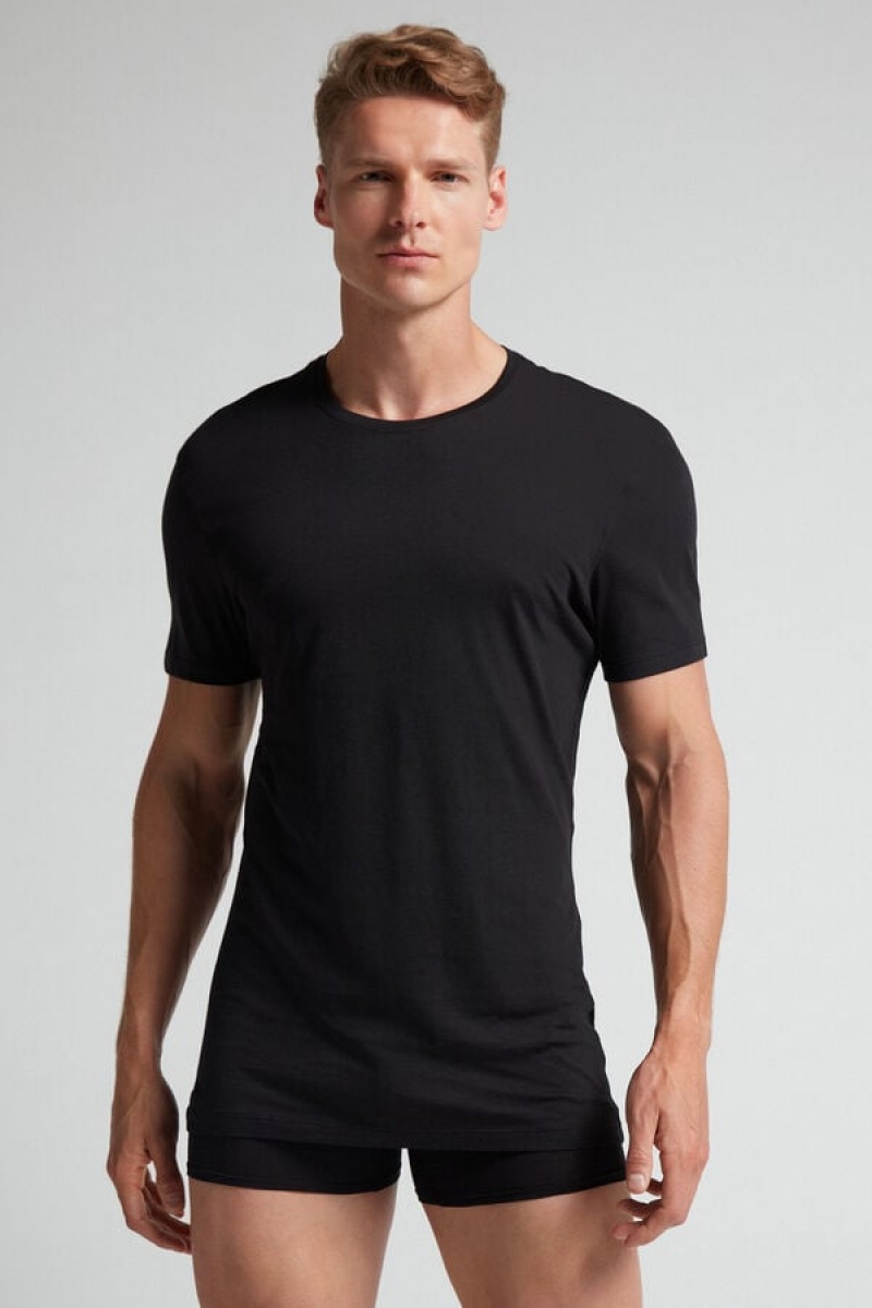 Intimissimi Short-sleeve Crew-neck T-shirt In Extra-fine Supima® Cotton Crne | SN-ITMSM58733