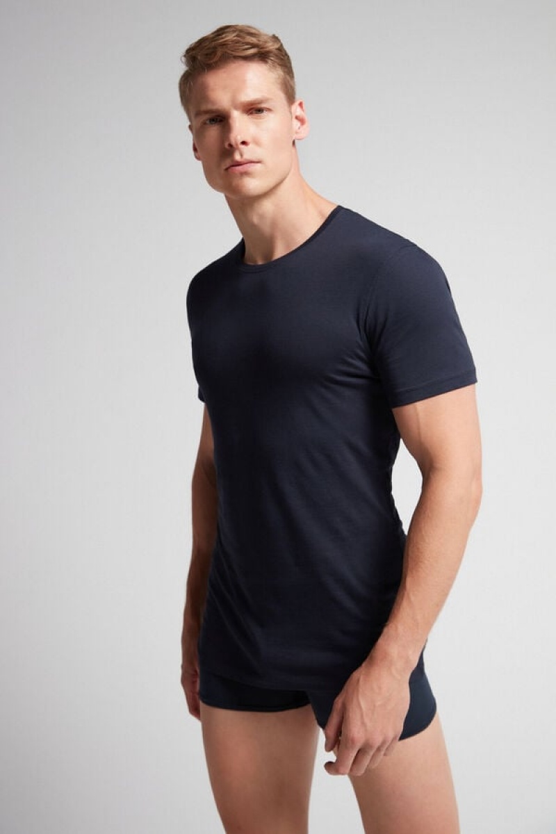 Intimissimi Short-sleeve Crew-neck T-shirt In Extra-fine Supima® Cotton Plave | SN-ITMSM58734