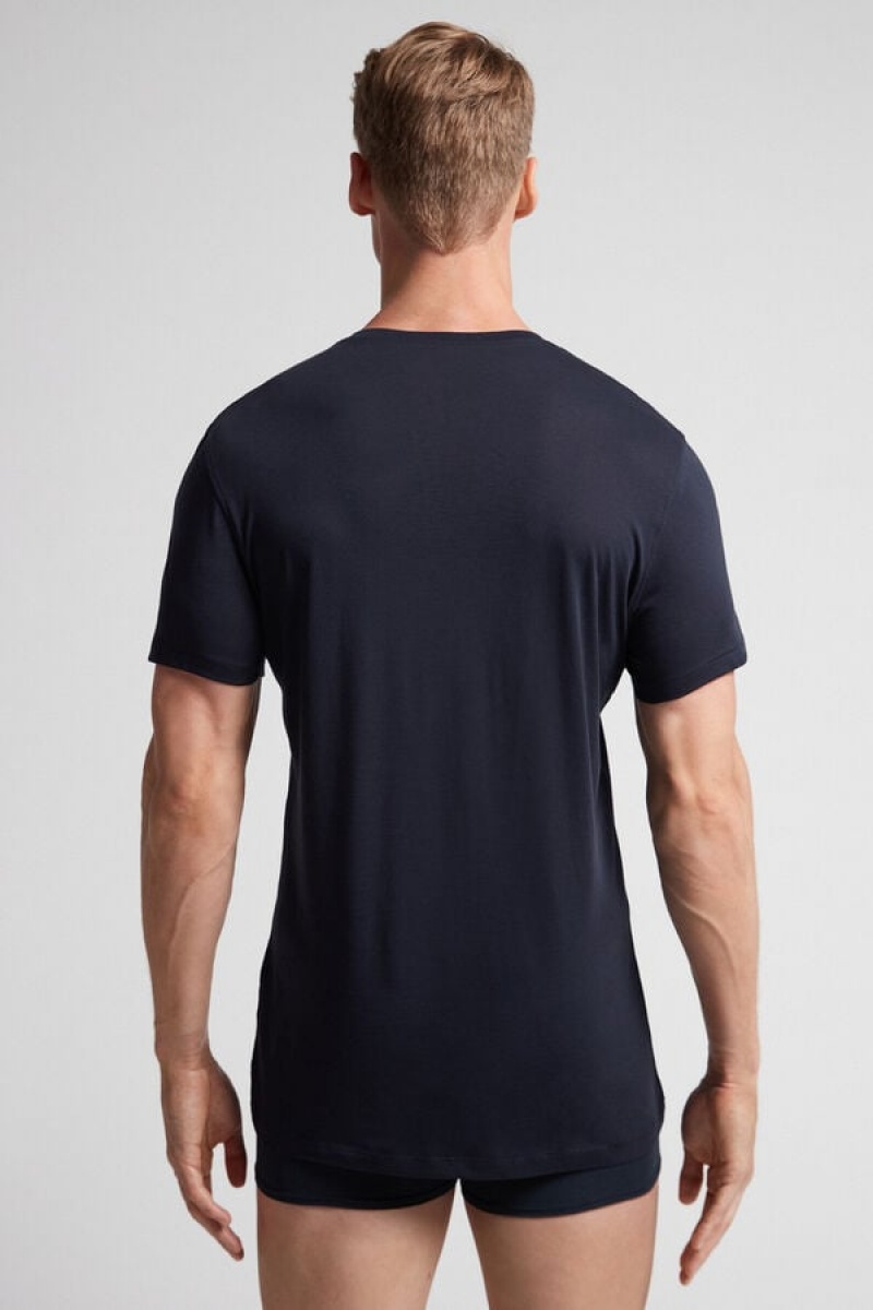 Intimissimi Short-sleeve Crew-neck T-shirt In Extra-fine Supima® Cotton Plave | SN-ITMSM58734