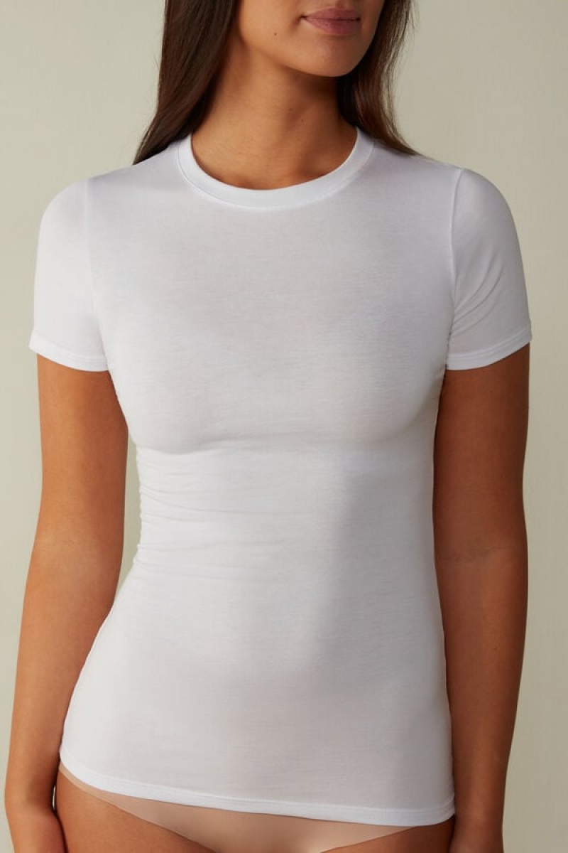 Intimissimi Short-sleeved Stretch Supima® Cotton Top Bijele | SN-ITMSM58041