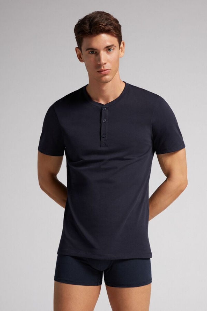 Intimissimi Short-sleeved Supima® Cotton Shirt Plave | SN-ITMSM58745