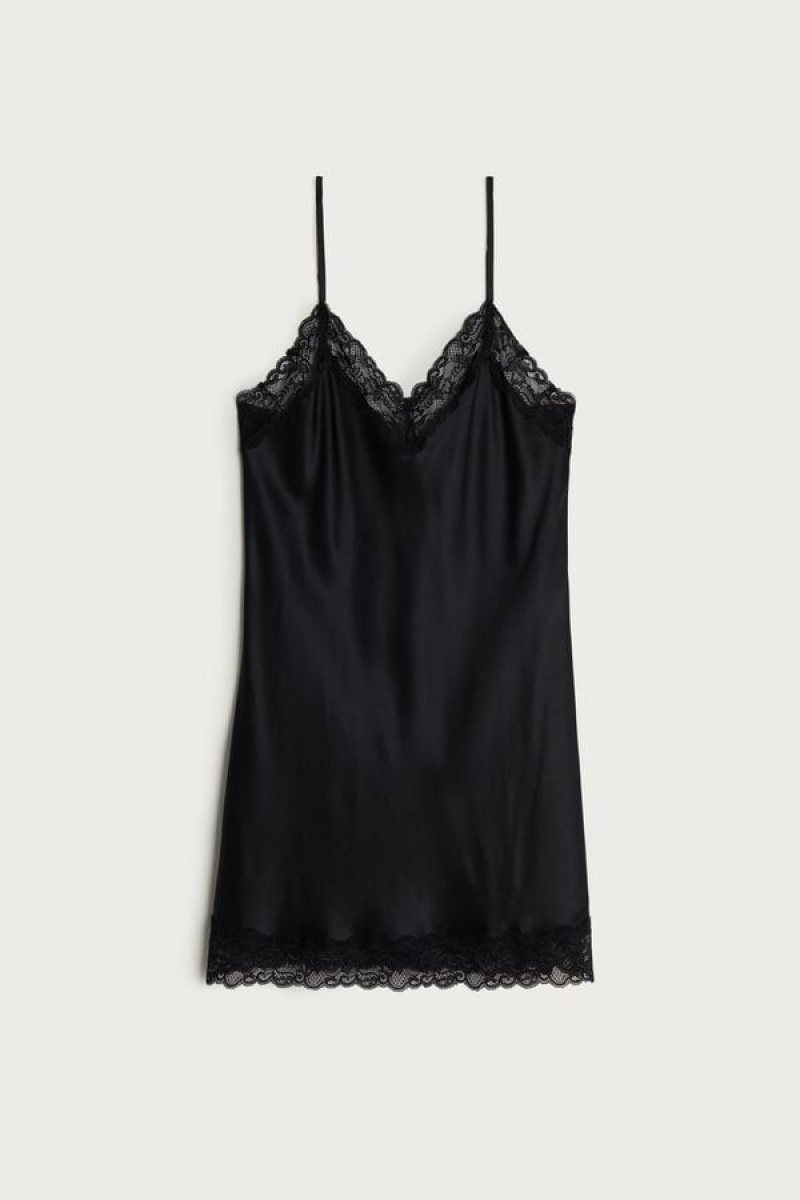 Intimissimi Silk Slip With Lace Insert Detail Crne | SN-ITMSM57800