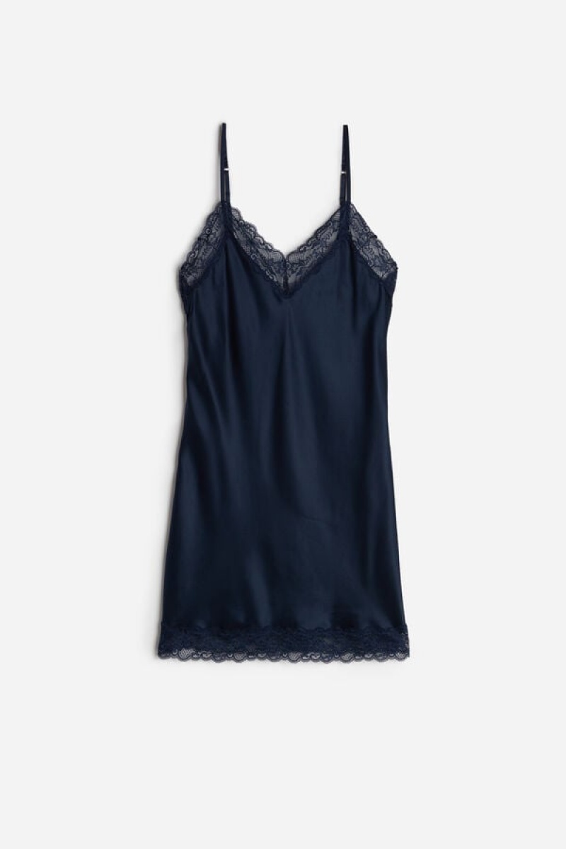 Intimissimi Silk Slip With Lace Insert Detail Plave | SN-ITMSM57806