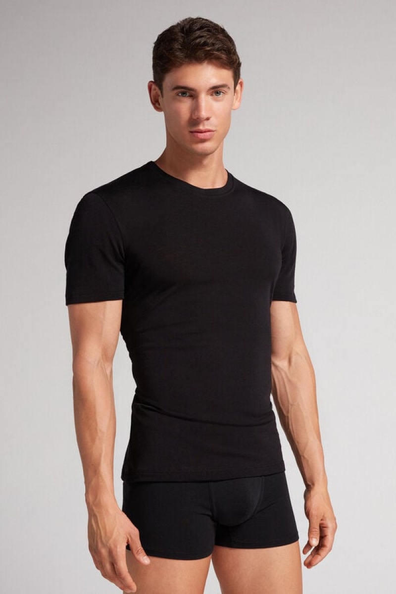 Intimissimi Stretch Merino Vuna Short-sleeve T-shirt Crne | SN-ITMSM58592