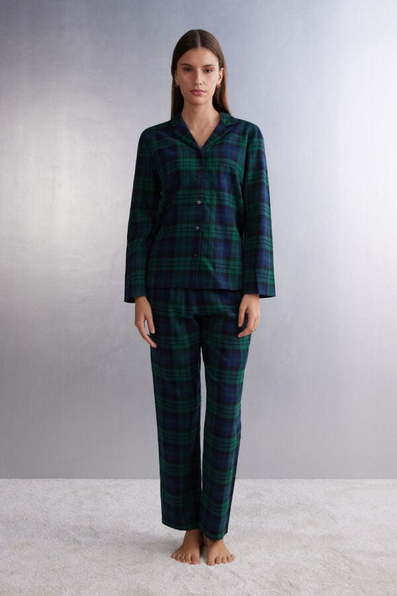 Intimissimi Tartan Brushed Cloth Full Length Pajamas Plave | SN-ITMSM58300