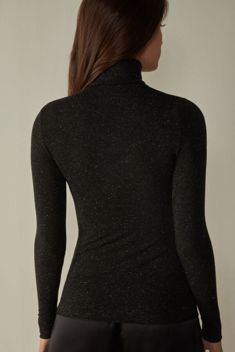 Intimissimi Turtleneck Top In Modal Light With Cashmere Lamé Crne | SN-ITMSM58139