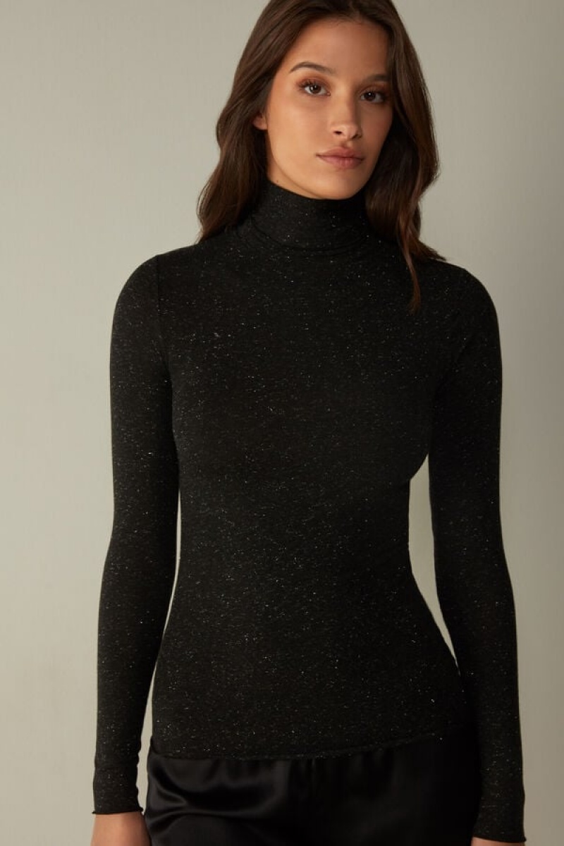 Intimissimi Turtleneck Top In Modal Light With Cashmere Lamé Crne | SN-ITMSM58139