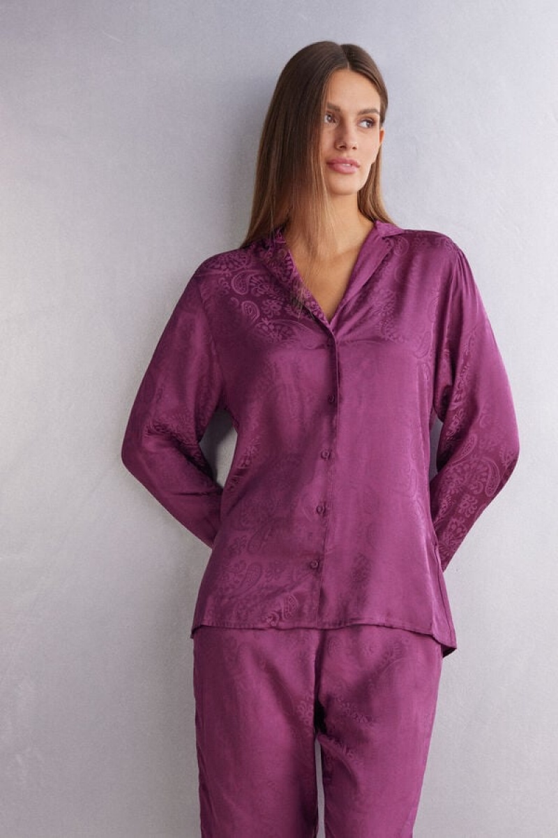 Intimissimi Velvet Paisley Long Sleeve Top In Satin Jacquard Ljubičaste | SN-ITMSM58283