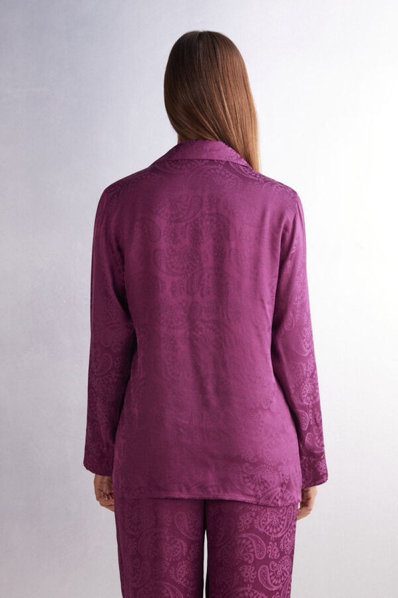 Intimissimi Velvet Paisley Long Sleeve Top In Satin Jacquard Ljubičaste | SN-ITMSM58283