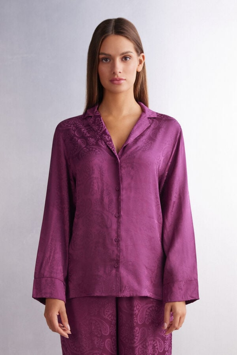 Intimissimi Velvet Paisley Long Sleeve Top In Satin Jacquard Ljubičaste | SN-ITMSM58283