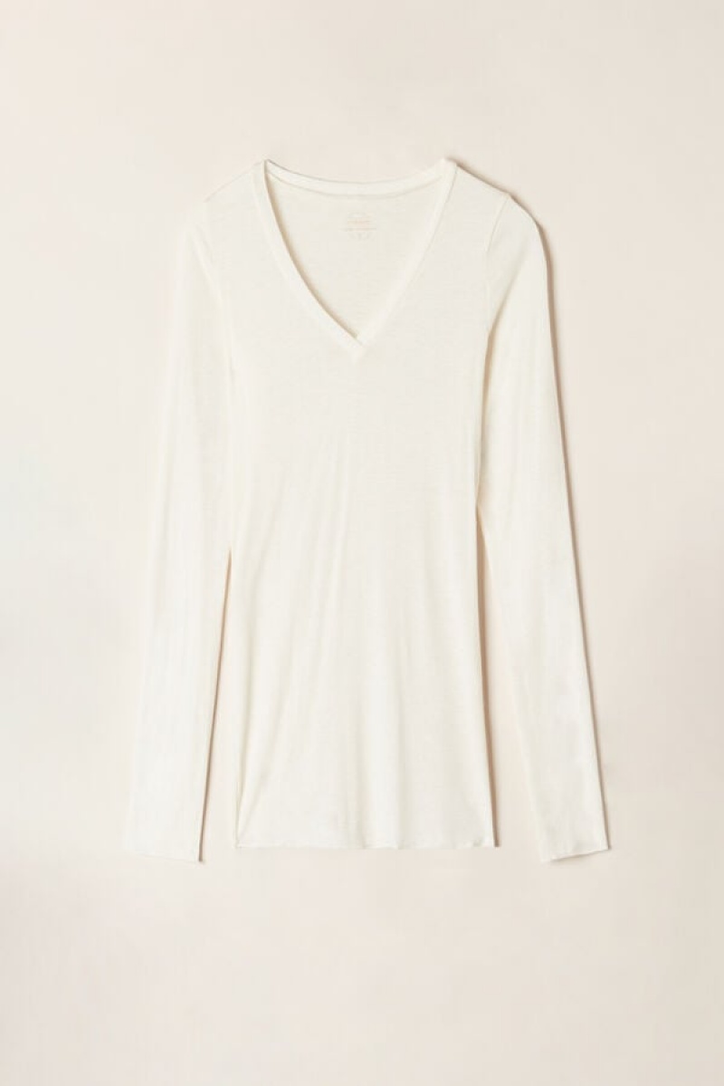 Intimissimi V-neck Top In Modal Ultralight With Cashmere Bijele | SN-ITMSM58087