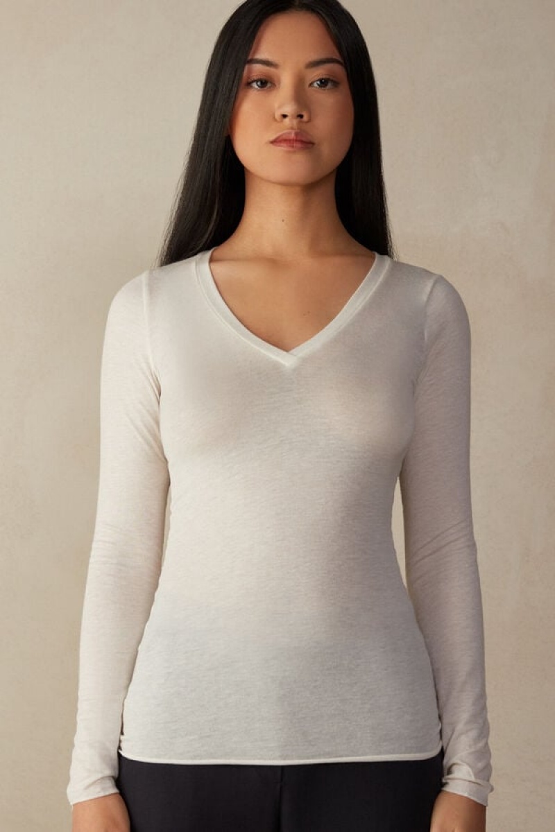 Intimissimi V-neck Top In Modal Ultralight With Cashmere Bijele | SN-ITMSM58087