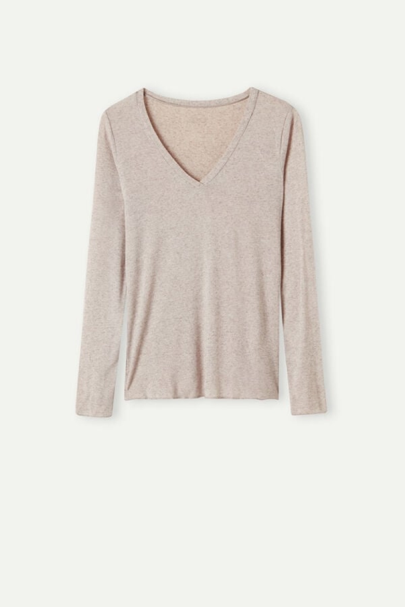 Intimissimi V-neck Top In Modal Ultralight With Cashmere Bež | SN-ITMSM58089