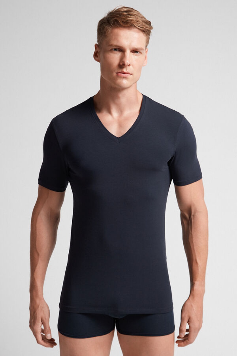 Intimissimi V-neck T-shirt In Stretch Supima® Cotton Plave | SN-ITMSM58602