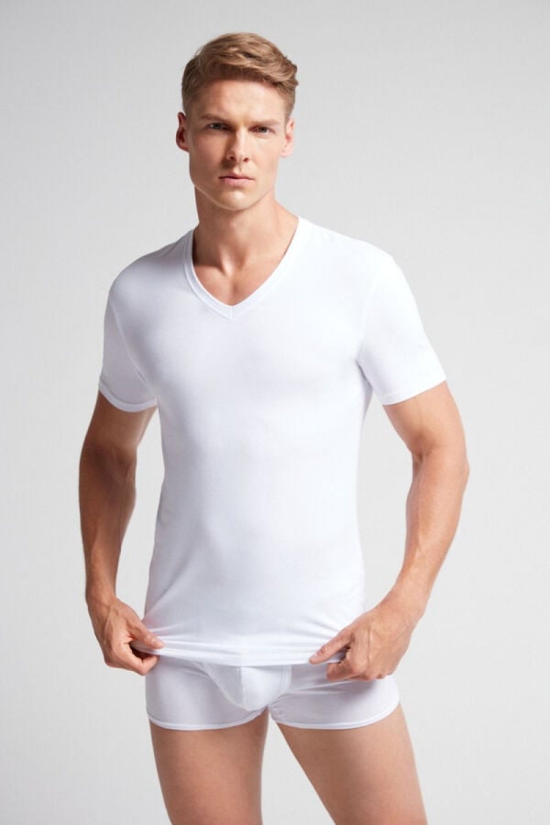 Intimissimi V-neck T-shirt In Stretch Supima® Cotton Bijele | SN-ITMSM58604