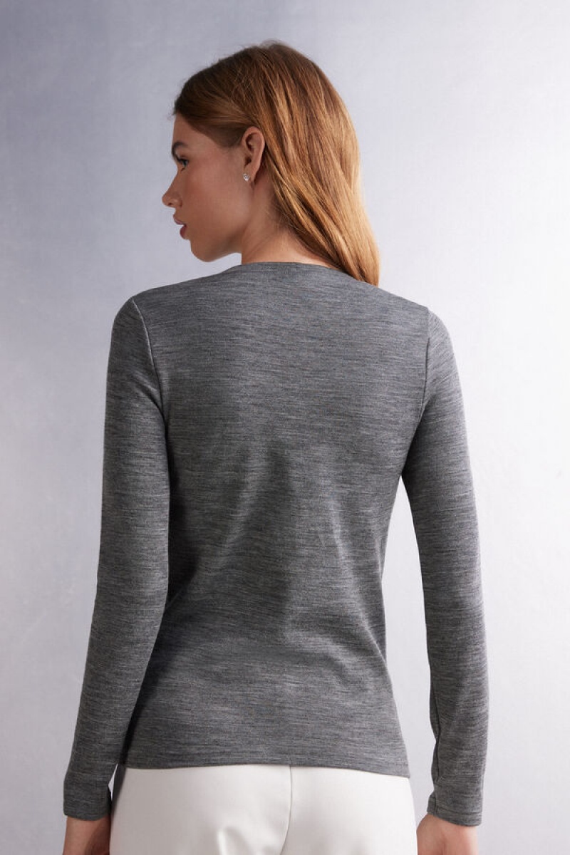 Intimissimi Vuna & Cotton Long Sleeve Crewneck Top Sive | SN-ITMSM58118