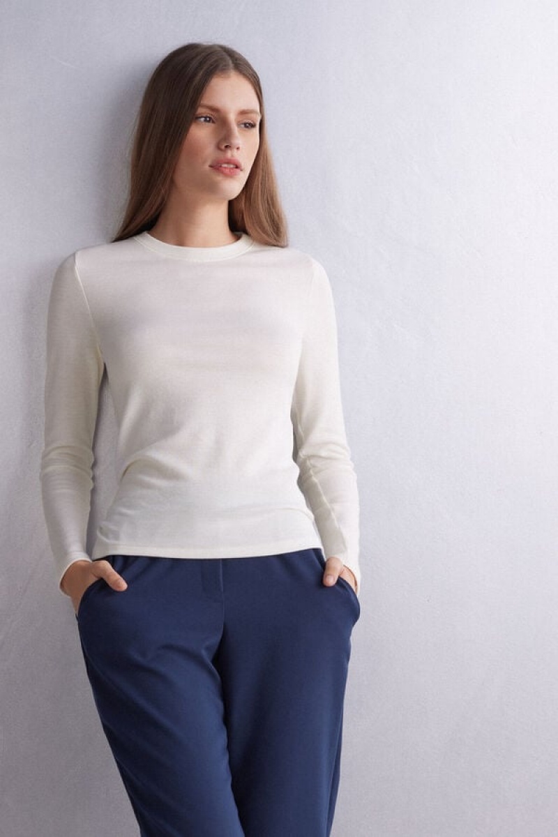 Intimissimi Vuna & Cotton Long Sleeve Crewneck Top Bijele | SN-ITMSM58120