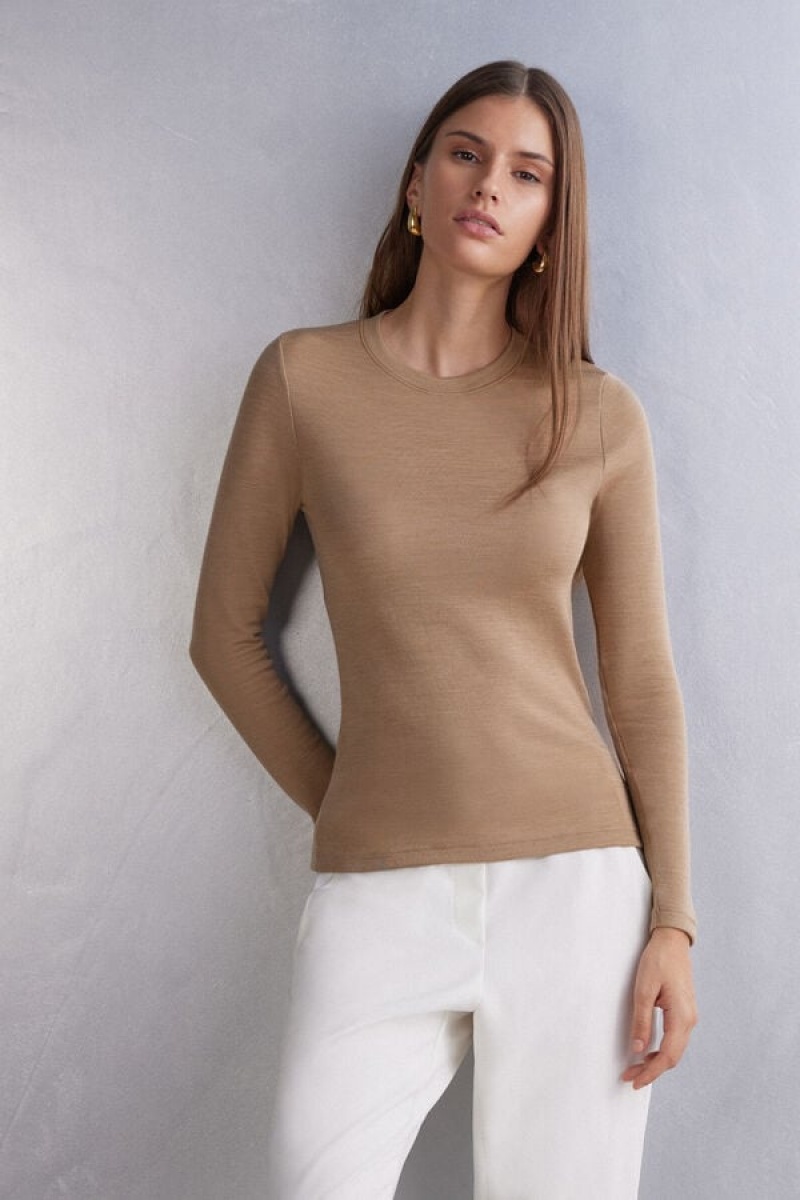 Intimissimi Vuna & Cotton Long Sleeve Crewneck Top Smeđe | SN-ITMSM58122