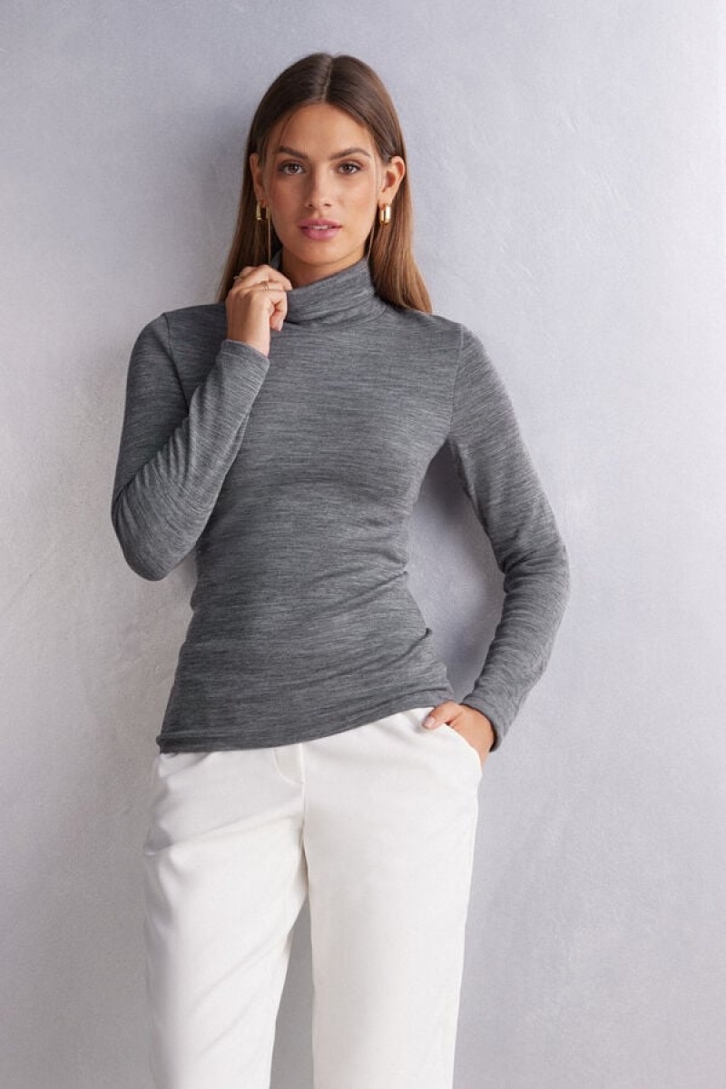 Intimissimi Vuna & Cotton Long Sleeve High Collar Top Sive | SN-ITMSM58125